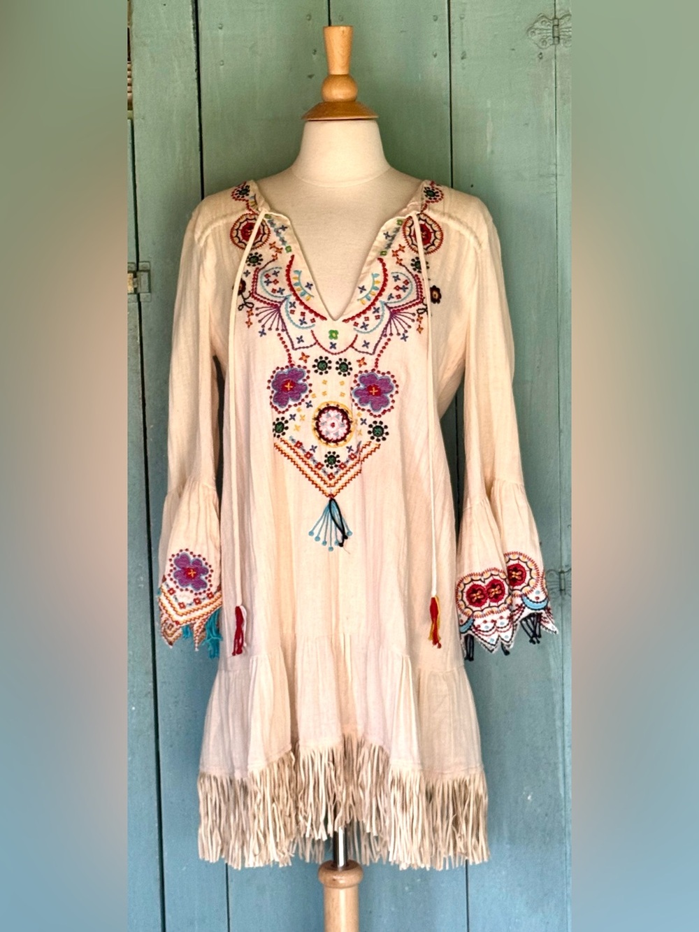 Embroidered Boho Peasant Dress Cream Floral Gauze Fringe Festival Hippie M